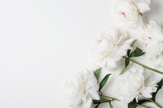 Fototapeta Beautiful white peony flowers bouquet on pastel table top. Flat lay style.