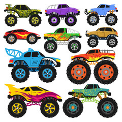 Monster truck vector cartoon voertuig of auto en extreem transport illustratie set van zware monstertruck met grote wielen geïsoleerd op een witte background