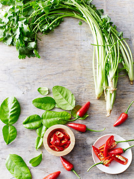 Coriander, chili, kaffir lime leaves