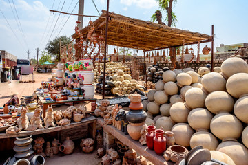 Street Merchants Stores Selling Clay Ceramic Pottery Water Jugs in Bikaner India