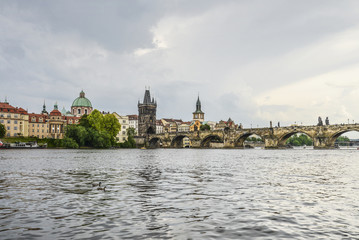 Scenic spring view of the Old Town pier architecture and Charles Bridge