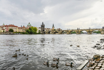Scenic spring view of the Old Town pier architecture and Charles Bridge