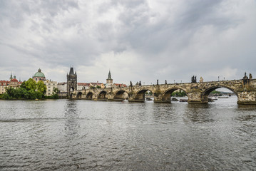 Scenic spring view of the Old Town pier architecture and Charles Bridge