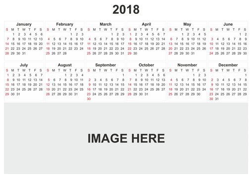 2018 calendar with white background and space for image.