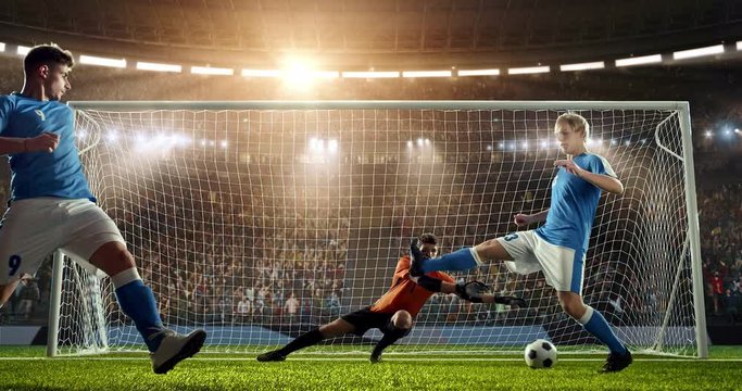 Soccer goalkeeper jumps and fails to catch ball on a professional soccer stadium. Stadium and crowd is made in 3D and animated
