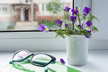 Wildflowers, book and glasses on the window in rainy weather