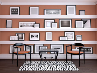 
Interior design of the room. Wall with frames on the shelves. 3d illustration