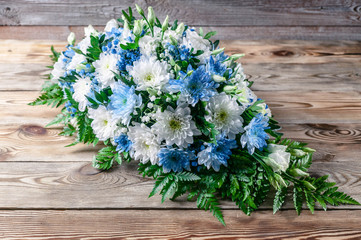 Wedding bouquet for table decoration. White and blue chrysanthemum. Flower Arrangement for Wedding Design