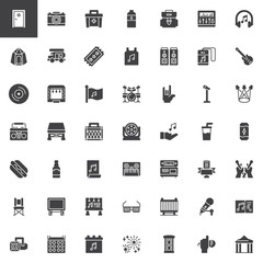 Music festival vector icons set, modern solid symbol collection, filled style pictogram pack. Signs, logo illustration. Set includes icons as Dressing room, Speakers, Drum set, Amplifier, Spotlight