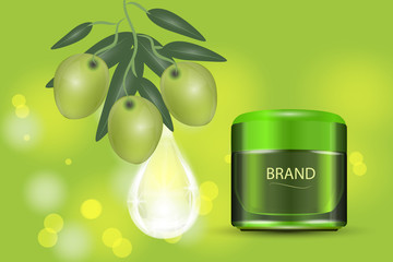 Luxury cosmetic cream jar on bokeh background with green olives and Collagen serum drop