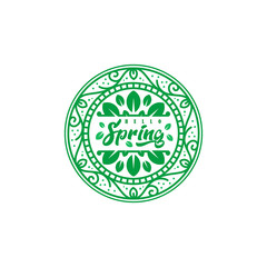 Hello spring summer logo vector illustration, leaves and geometric shapes. Circle nature icon