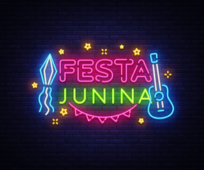 Festa Junina greeting card design template neon vector. Modern trend design, neon sign, light banner. Vector Brazilian June Festival for greeting card, invitation or festive poster. Vector