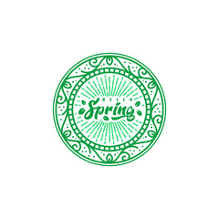 Hello spring summer logo vector illustration, leaves and geometric shapes. Circle nature icon