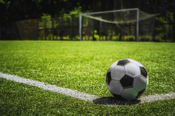 Closeup soccer ball on green grass at sunset