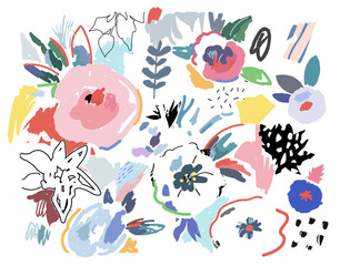 Creative universal artistic floral background. Hand Drawn textures. Trendy Graphic Design for banner, poster, card, cover, invitation, placard, brochure or header. Vector