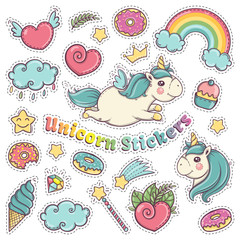 Unicorn sweet set of stickers, pins, patches in cartoon colorful comic style.