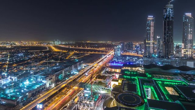 Dubai downtown night timelapse. Top view from above