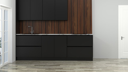 kitchen interior cooking black color modern food restaurant 3d illustration white roomhome design background minimal copy space