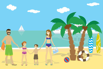 Cartoon caucasian family on the beach,summer vacation concept