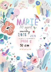 Baby Shower poster for baby girl with hand drawn flowers. Newborn metric for children bedroom. Vector