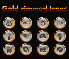 music gold-rimmed vector icons with black background