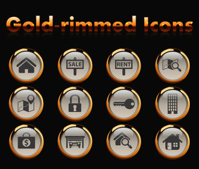 real estate gold-rimmed vector icons with black background