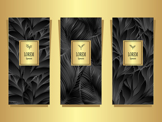 Set Template for package or flyer from Luxury background by leaves gold on black for cosmetic or perfume or for package of tea or for alcohol label or for advertising different things