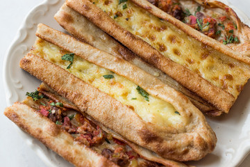 Turkish Pastry Konya Mevlana Pide with Cubed Meat and Melted Cheese