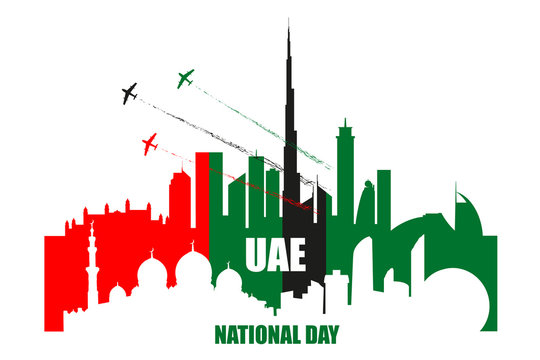 UAE National Day poster with landmarks, skyscrapers silhouettes and planes performing aerobatics.