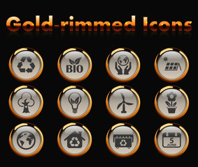 world environment day gold-rimmed vector icons with black background