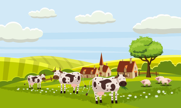 Rural cute farm view, cow, sheep, vector, illustration, isolated, cartoon style