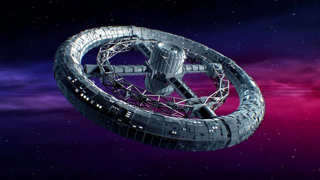 Circular space station. Giant sci-fi torus rotate on abstract Nebula background, 3d animation.