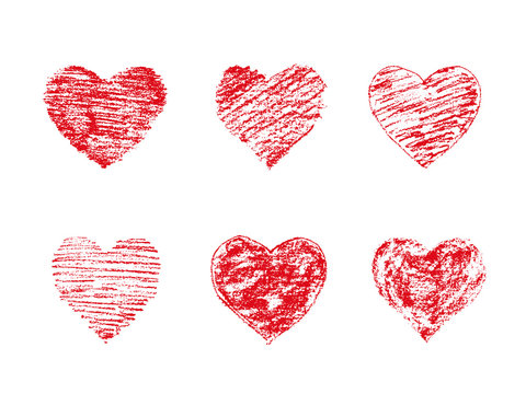 Set of chalk red grunge textured hearts. Design elements. Vector background. Isolated on white background. Round frames.