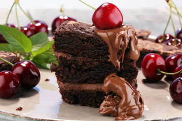 homemade chocolate brownies on rustic table. brownie bakery.