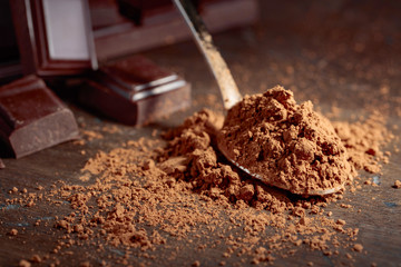 Broken  chocolate pieces and cocoa powder .