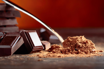 Broken  chocolate pieces and cocoa powder .