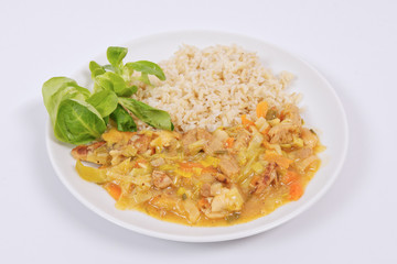 China of soy noodles and leek with rice on a white