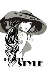 Fashion woman portrait in a hat with flowers and a shopping bag. Vector illustration.