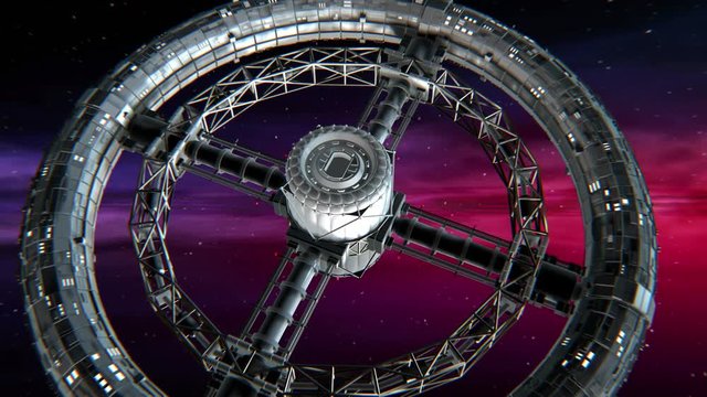 Giant sci-fi torus. Circular space station rotate on abstract Nebula background, 3d animation.