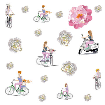 Beatiful fashion women on the bicycle with flowers. Hand drawn vector illustration.