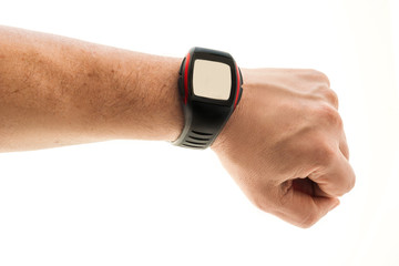 Men's hand with smart watch on white background