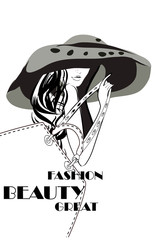 Fashion woman portrait in a hat with flowers and a shopping bag. Vector illustration.