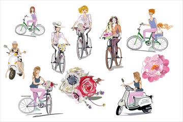 Obraz premium Beatiful fashion women on the bicycle with flowers. Hand drawn vector illustration.
