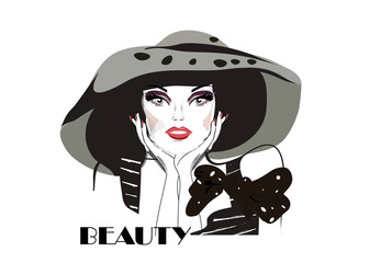 Fashion woman portrait in a hat with flowers and a shopping bag. Vector illustration.