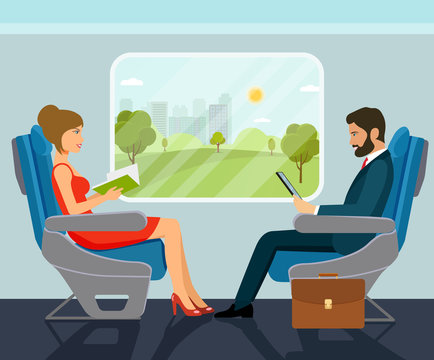 Passenger young beautiful girl and businessman character sitting in chair on the train . Vector flat style illustration