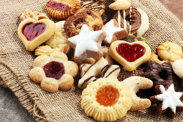 Mixed Christmas cookies. Colorful mix of Christmas-themed decorated cookies