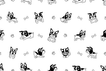 Vector cartoon character boston terrier dog seamless pattern for design.