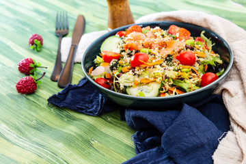 Salmon salad Gourmet cereals Cooked soy beans Cucumber Carrots