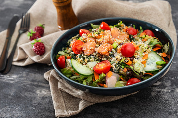 Salmon salad Gourmet cereals Cooked soy beans Cucumber Carrots