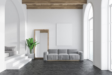 Gray sofa living room interior, mirror and poster